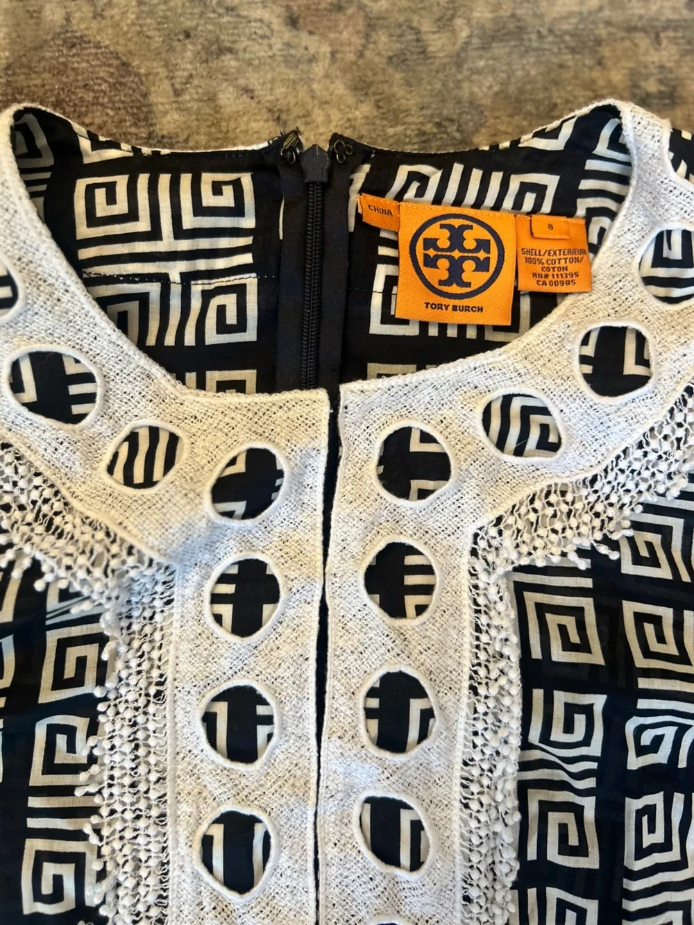Tory Burch Derelia Black White Geometric Long-Sleeve Top Embroidered Yoke Cotton